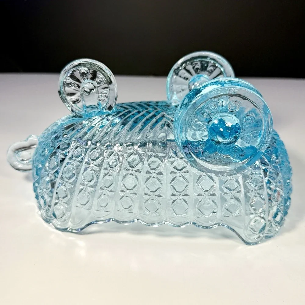 VTG McKee Aqua Glass Baby Carriage Coach Bowl Daisy & Button Candy Dish EAPG
